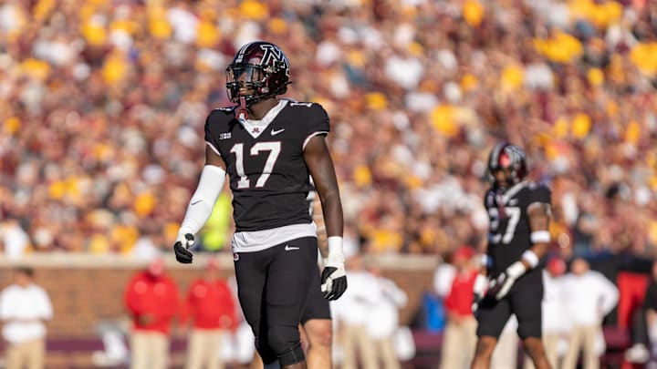 Oct 29, 2022; Minneapolis, Minnesota, USA; Minnesota Golden Gophers defensive lineman Jah Joyner (17) in action against the Rutgers Scarlet Knights in the fourth quarter at Huntington Bank Stadium. Mandatory Credit: Matt Blewett-Imagn Images Oct 29, 2022; Minneapolis, Minnesota, USA; Minnesota Golden Gophers defensive lineman Jah Joyner (17) in action against the Rutgers Scarlet Knights in the fourth quarter at Huntington Bank Stadium. Mandatory Credit: Matt Blewett-Imagn Images