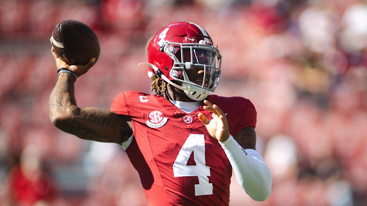 Nov 16, 2024; Tuscaloosa, Alabama, USA; Alabama Crimson Tide quarterback Jalen Milroe (4) prepares to throw during warmups prior to a game against Mercer Bears at Bryant-Denny Stadium. Mandatory Credit: Will McLelland-Imagn Images Nov 16, 2024; Tuscaloosa, Alabama, USA; Alabama Crimson Tide quarterback Jalen Milroe (4) prepares to throw during warmups prior to a game against Mercer Bears at Bryant-Denny Stadium. Mandatory Credit: Will McLelland-Imagn Images