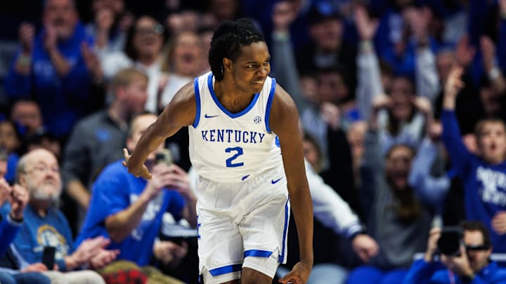 Kentucky Wildcats guard Jasper Johnson (2) celebrates during game against the Mississippi State Bulldogs. Mandatory Credit: Jordan Prather-Imagn Images Kentucky Wildcats guard Jasper Johnson (2) celebrates during game against the Mississippi State Bulldogs. Mandatory Credit: Jordan Prather-Imagn Images
