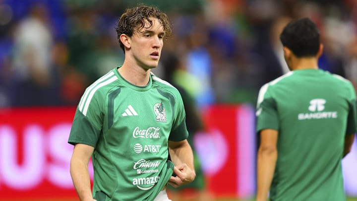 Nov 18, 2025; San Antonio, Texas, USA;  Mexico midfielder Marcel Ruiz (14) warms up before a match agaisnt Paraguay at the Alamodome. Mandatory Credit: Daniel Jefferson-Imagn Images