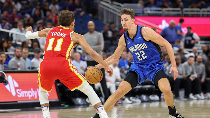 Nov 30, 2022; Orlando, Florida, USA;  Orlando Magic forward Franz Wagner (22) is guarded by Atlanta