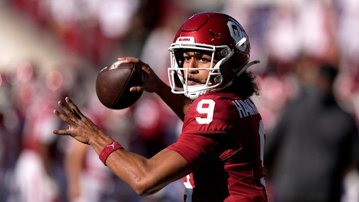 Oklahoma Sooners quarterback Michael Hawkins Jr. (9) warms up before the Armed Forces Bowl football game between the University of Oklahoma Sooners (OU) and the Navy Midshipmen at Amon G. Carter Stadium in Fort Worth, Texas, Friday, Dec. 27, 2024.
