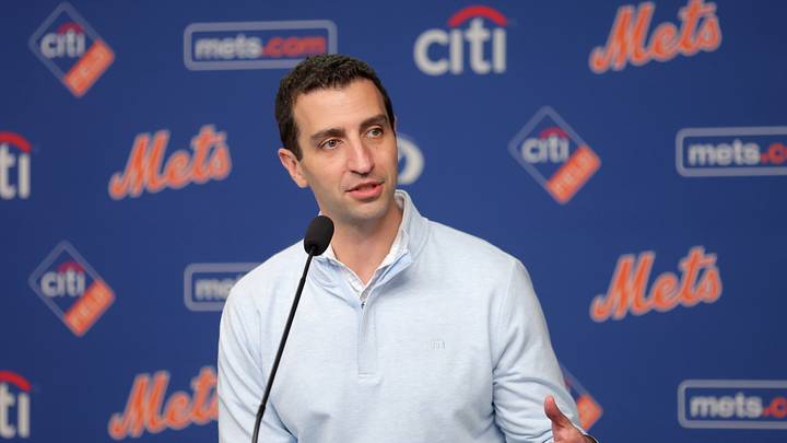 Aug 17, 2026; New York City, New York, USA; New York Mets president of baseball operations David Stearns speaks to the media before a game against the San Diego Padres at Citi Field. Mandatory Credit: Brad Penner-Imagn Images