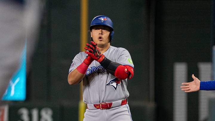 Sep 21, 2026; Baltimore, Maryland, USA;  Toronto Blue Jays infielder Kazuma Okamoto (7) celebrates a single during the first inning at Oriole Park at Camden Yards.  Mandatory Credit: Jamie LeBlanc-Imagn Images