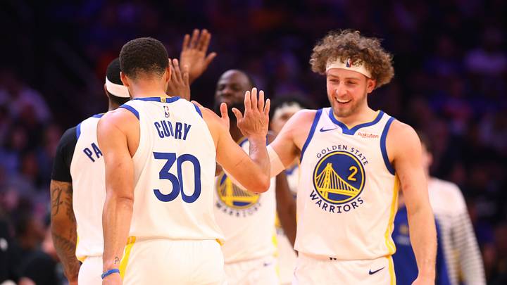 Phoenix, Arizona, USA; Golden State Warriors guard Stephen Curry (30) celebrates with Brandin Podziemski (2) against the Phoenix Suns during the play-in rounds of the 2026 NBA Playoffs at Mortgage Matchup Center. Mandatory Credit: Mark J. Rebilas-Imagn Images Phoenix, Arizona, USA; Golden State Warriors guard Stephen Curry (30) celebrates with Brandin Podziemski (2) against the Phoenix Suns during the play-in rounds of the 2026 NBA Playoffs at Mortgage Matchup Center. Mandatory Credit: Mark J. Rebilas-Imagn Images
