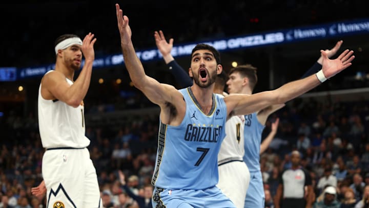 Nov 19, 2024; Memphis, Tennessee, USA; Memphis Grizzlies forward Santi Aldama (7) reacts during the second half against the Denver Nuggets at FedExForum. Mandatory Credit: Petre Thomas-Imagn Images