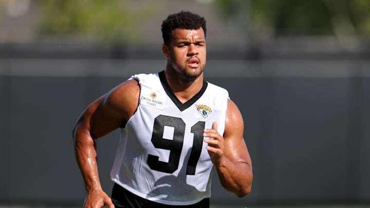 Jul 24, 2024; Jacksonville, FL, USA; Jacksonville Jaguars defensive end Arik Armstead (91) participates in training camp at Miller Electric Center. 