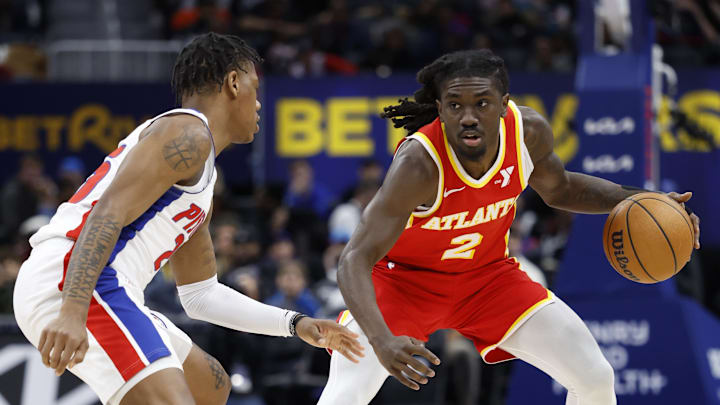 Feb 3, 2025; Detroit, Michigan, USA; Atlanta Hawks guard Keaton Wallace (2) dribbles defended by Detroit Pistons guard Marcus Sasser (25) in the second half at Little Caesars Arena. Mandatory Credit: Rick Osentoski-Imagn Images Feb 3, 2025; Detroit, Michigan, USA; Atlanta Hawks guard Keaton Wallace (2) dribbles defended by Detroit Pistons guard Marcus Sasser (25) in the second half at Little Caesars Arena. Mandatory Credit: Rick Osentoski-Imagn Images