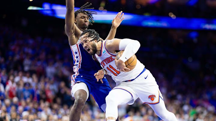 May 2, 2024; Philadelphia, Pennsylvania, USA; New York Knicks guard Jalen Brunson (11) drives against Philadelphia 76ers guard Tyrese Maxey (0) during the first half of game six of the first round for the 2024 NBA playoffs at Wells Fargo Center. Mandatory Credit: Bill Streicher-Imagn Images May 2, 2024; Philadelphia, Pennsylvania, USA; New York Knicks guard Jalen Brunson (11) drives against Philadelphia 76ers guard Tyrese Maxey (0) during the first half of game six of the first round for the 2024 NBA playoffs at Wells Fargo Center. Mandatory Credit: Bill Streicher-Imagn Images