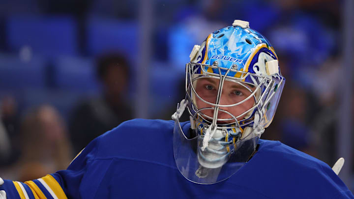 Oct 22, 2025; Buffalo, New York, USA;  Buffalo Sabres goaltender Colten Ellis (92) on the ice before the start of a game against the Detroit Red Wings at KeyBank Center. Mandatory Credit: Timothy T. Ludwig-Imagn Images