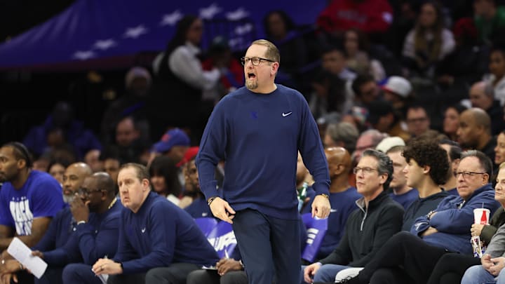 Feb 24, 2025; Philadelphia, Pennsylvania, USA; Philadelphia 76ers head coach Nick Nurse reacts during the third quarter against the Chicago Bulls at Wells Fargo Center. Mandatory Credit: Bill Streicher-Imagn Images