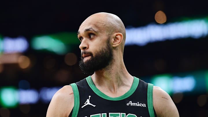 May 14, 2025; Boston, Massachusetts, USA; Boston Celtics guard Derrick White (9) in the first half during game five of the second round for the 2025 NBA Playoffs against the New York Knicks at TD Garden. Mandatory Credit: Bob DeChiara-Imagn Images