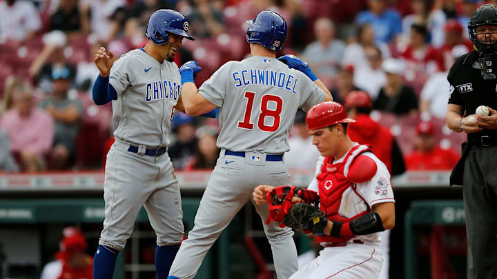 Chicago Cubs center fielder Rafael Ortega (66) celebrates with designated hitter Frank Schwindel (18) after Schwindel's two-run home run in the first inning of the MLB National League game between the Cincinnati Reds and the Chicago Cubs at Great American Ball Park in downtown Cincinnati on Tuesday, May 24, 2022. Chicago Cubs center fielder Rafael Ortega (66) celebrates with designated hitter Frank Schwindel (18) after Schwindel's two-run home run in the first inning of the MLB National League game between the Cincinnati Reds and the Chicago Cubs at Great American Ball Park in downtown Cincinnati on Tuesday, May 24, 2022.