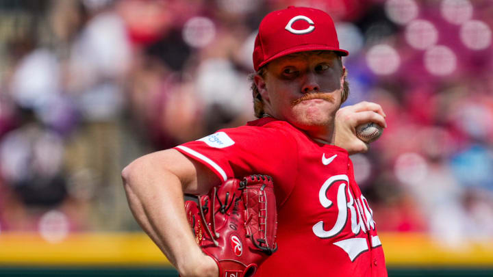 Cincinnati Reds starting pitcher Andrew Abbott (41) throws a pitch in the first inning of the MLB National League game between the Cincinnati Reds and the Miami Marlins at Great American Ball Park in downtown Cincinnati on Saturday, July 13, 2024. The Reds led 1-0 after two innings.