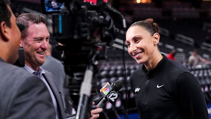 Phoenix Mercury guard Diana Taurasi (3) smiles in an interview Friday, Aug. 16, 2024, before the game at Gainbridge Fieldhouse in Indianapolis. Phoenix Mercury guard Diana Taurasi (3) smiles in an interview Friday, Aug. 16, 2024, before the game at Gainbridge Fieldhouse in Indianapolis.