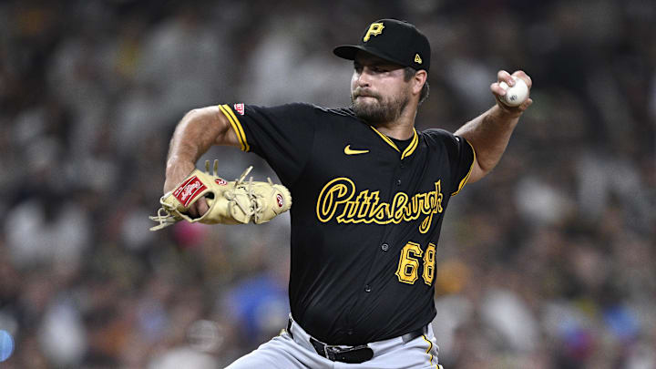 Aug 12, 2024; San Diego, California, USA; Pittsburgh Pirates relief pitcher Jalen Beeks (68) pitches against the San Diego Padres during the ninth inning at Petco Park. Mandatory Credit: Orlando Ramirez-Imagn Images