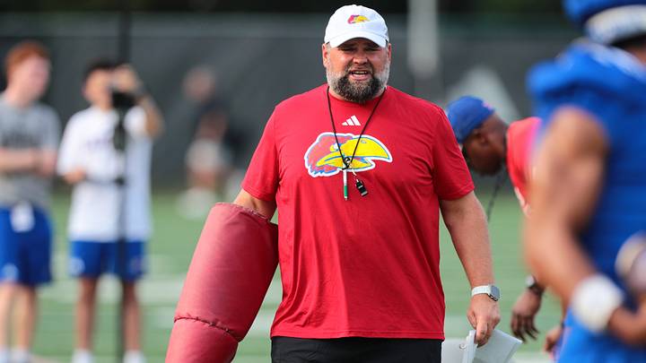 Kansas football associate head coach Andy Kotelnicki talks to players during fall camp practice on Aug. 4, 2026. Kansas football associate head coach Andy Kotelnicki talks to players during fall camp practice on Aug. 4, 2026.