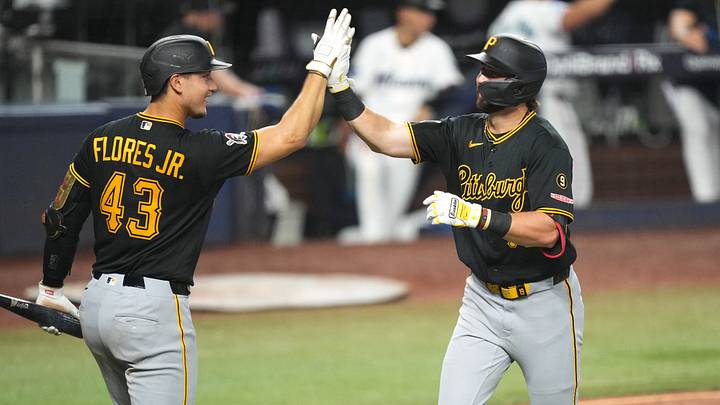 Aug 13, 2026; Miami, Florida, USA; Pittsburgh Pirates third baseman Jared Triolo (19) celebrates a home run with Pittsburgh Pirates catcher Rafael Flores Jr. (43) during the fifth inning against the Miami Marlins at loanDepot Park. Mandatory Credit: Jim Rassol-Imagn Images Aug 13, 2026; Miami, Florida, USA; Pittsburgh Pirates third baseman Jared Triolo (19) celebrates a home run with Pittsburgh Pirates catcher Rafael Flores Jr. (43) during the fifth inning against the Miami Marlins at loanDepot Park. Mandatory Credit: Jim Rassol-Imagn Images