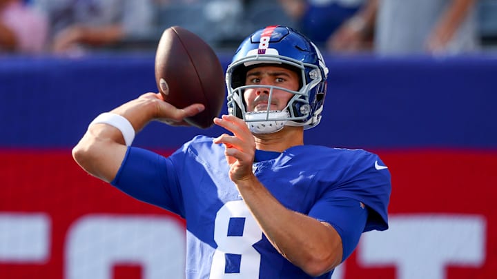 Aug 26, 2023; East Rutherford, New Jersey, USA; New York Giants quarterback Daniel Jones (8) during