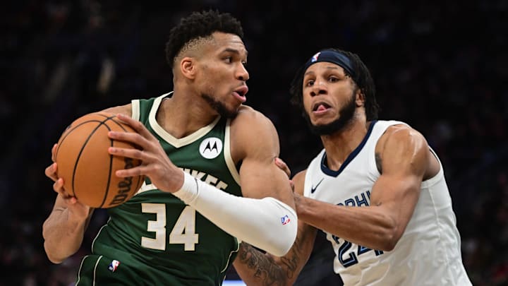 Milwaukee Bucks forward Giannis Antetokounmpo (34) drives for the basket against Memphis Grizzlies forward Lamar Stevens (24) in the fourth quarter at Fiserv Forum. Mandatory Credit: Benny Sieu-Imagn Images