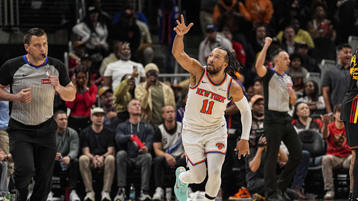 Apr 6, 2026; Atlanta, Georgia, USA; New York Knicks guard Jalen Brunson (11) reacts after making a three point shot against the Atlanta Hawks during the second half at State Farm Arena. Mandatory Credit: Dale Zanine-Imagn Images