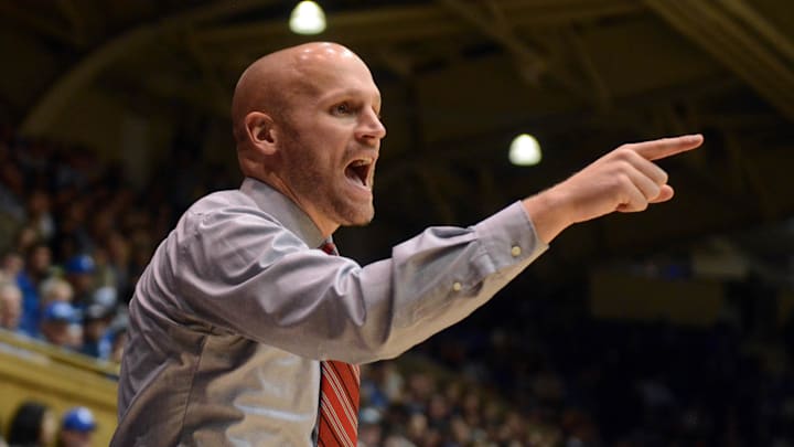 Dec 5, 2017; Durham, NC, USA; Saint Francis Red Flash head coach Rob Krimmel reacts during the first half against the Duke Blue Devils at Cameron Indoor Stadium. Mandatory Credit: Rob Kinnan-Imagn Images