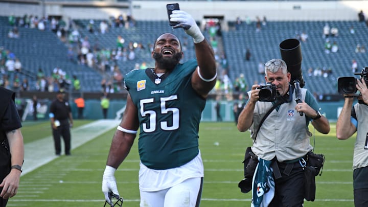 Oct 13, 2024; Philadelphia, Pennsylvania, USA; Philadelphia Eagles defensive end Brandon Graham (55) walks off the field after win against the Cleveland Browns at Lincoln Financial Field. Mandatory Credit: Eric Hartline-Imagn Images