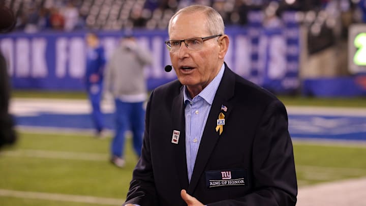 Nov 14, 2016; East Rutherford, NJ, USA; New York Giants former head coach Tom Coughlin is interviewed before a game between the New York Giants and the Cincinnati Bengals at MetLife Stadium. The Giants will induct Coughlin into their Ring of Honor during a halftime ceremony. Mandatory Credit: Brad Penner-Imagn Images
