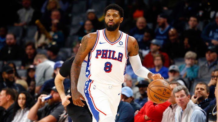 Nov 20, 2024; Memphis, Tennessee, USA; Philadelphia 76ers forward Paul George (8) dribbles during the first half against the Memphis Grizzlies at FedExForum. Mandatory Credit: Petre Thomas-Imagn Images