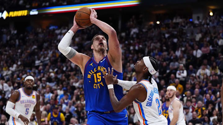 May 9, 2025; Denver, Colorado, USA; Oklahoma City Thunder guard Shai Gilgeous-Alexander (2) defends on Denver Nuggets center Nikola Jokic (15) in the second half during game three of the second round for the 2025 NBA Playoffs at Ball Arena. Mandatory Credit: Ron Chenoy-Imagn Images May 9, 2025; Denver, Colorado, USA; Oklahoma City Thunder guard Shai Gilgeous-Alexander (2) defends on Denver Nuggets center Nikola Jokic (15) in the second half during game three of the second round for the 2025 NBA Playoffs at Ball Arena. Mandatory Credit: Ron Chenoy-Imagn Images