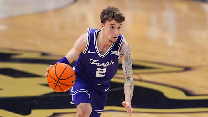 Feb 1, 2026; Boulder, Colorado, USA; Texas Christian University Horned Frogs guard Brock Harding (2) controls the ball in the first half against the Colorado Buffaloes at the CU Events Center. Mandatory Credit: Ron Chenoy-Imagn Images Feb 1, 2026; Boulder, Colorado, USA; Texas Christian University Horned Frogs guard Brock Harding (2) controls the ball in the first half against the Colorado Buffaloes at the CU Events Center. Mandatory Credit: Ron Chenoy-Imagn Images