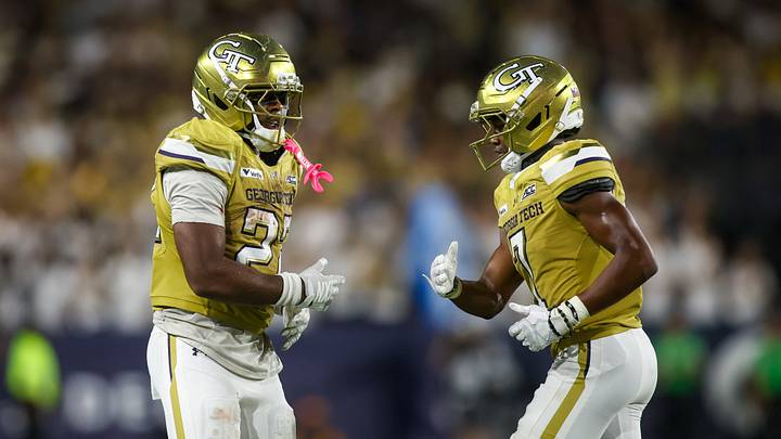 Sep 12, 2026; Atlanta, Georgia, USA; Georgia Tech Yellow Jackets running back Justice Haynes (22) celebrates after a touchdown with wide receiver Dalen Penson (7) against the Tennessee Volunteers in the third quarter at Bobby Dodd Stadium at Hyundai Field. Mandatory Credit: Brett Davis-Imagn Images Sep 12, 2026; Atlanta, Georgia, USA; Georgia Tech Yellow Jackets running back Justice Haynes (22) celebrates after a touchdown with wide receiver Dalen Penson (7) against the Tennessee Volunteers in the third quarter at Bobby Dodd Stadium at Hyundai Field. Mandatory Credit: Brett Davis-Imagn Images