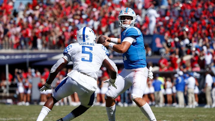 Oct 1, 2022; Oxford, Mississippi, USA; Mississippi Rebels quarterback Jaxson Dart (2) passes the