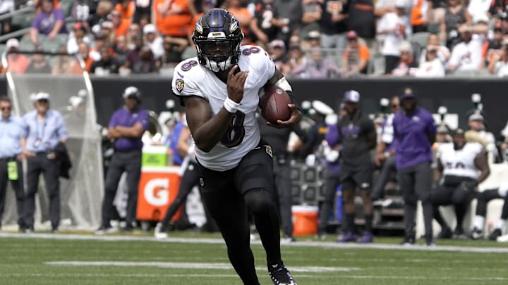 Sep 17, 2023; Cincinnati, Ohio, USA; Baltimore Ravens quarterback Lamar Jackson (8) carries the ball