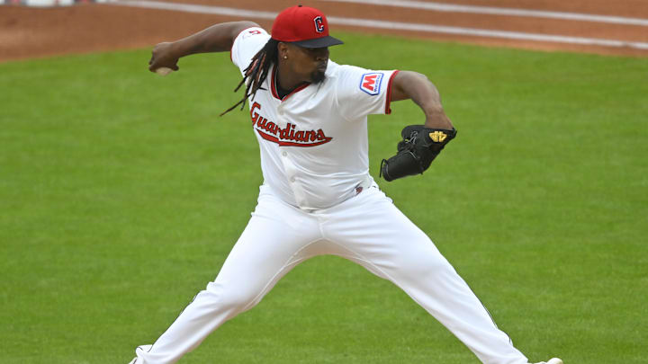 Apr 30, 2025; Cleveland, Ohio, USA; Cleveland Guardians starting pitcher Luis Ortiz (45) delivers a pitch in the first inning against the Minnesota Twins at Progressive Field. Mandatory Credit: David Richard-Imagn Images