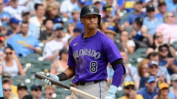 Jun 28, 2025; Milwaukee, Wisconsin, USA;  Colorado Rockies shortstop Ryan Ritter (8) reacts after striking out in the fifth inning against the Milwaukee Brewers at American Family Field. Mandatory Credit: Benny Sieu-Imagn Images