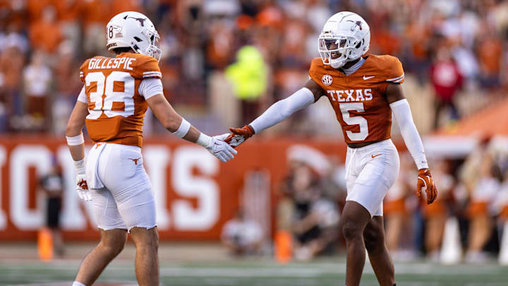 Texas Longhorns defensive back Malik Muhammad (5) and Gragam Gillespie (38), Nov. 23, 2024, at Darrell K Royal-Texas Memorial Stadium in Austin, Texas.