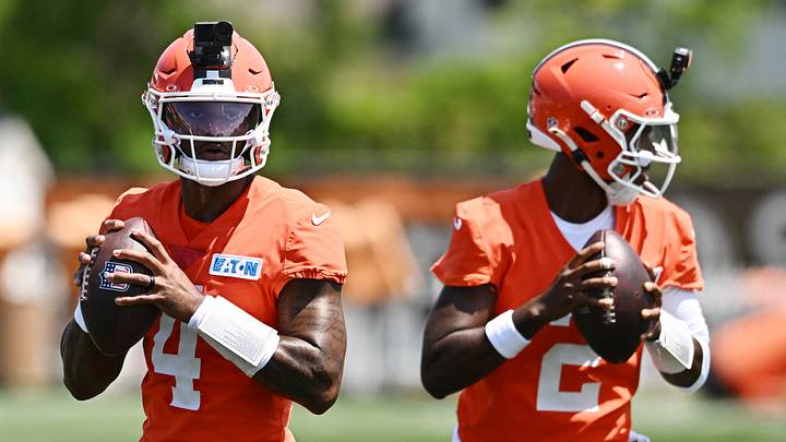 Jul 29, 2026; Berea, OH, USA; Cleveland Browns quarterback Shedeur Sanders (2) and quarterback Deshaun Watson (4) drop back to pass during training camp at CrossCountry Mortgage Campus. Mandatory Credit: Ken Blaze-Imagn Images Jul 29, 2026; Berea, OH, USA; Cleveland Browns quarterback Shedeur Sanders (2) and quarterback Deshaun Watson (4) drop back to pass during training camp at CrossCountry Mortgage Campus. Mandatory Credit: Ken Blaze-Imagn Images