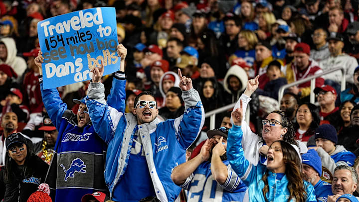 Detroit Lions fans cheer on against San Francisco 49ers during the second half at Levi's Stadium in Santa Clara, Calif. on Monday, Dec. 30, 2024.