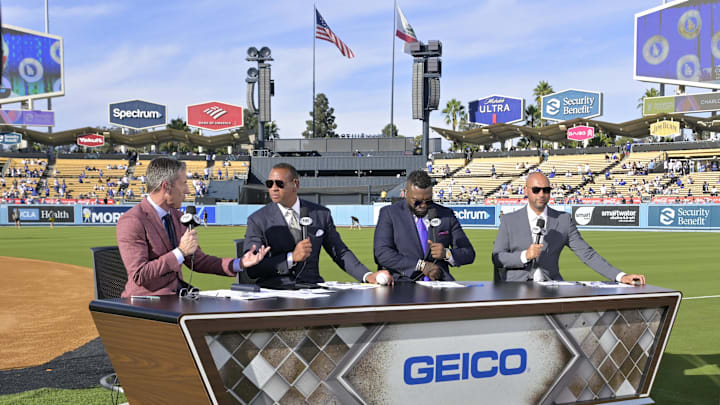 Oct 11, 2024; Los Angeles, California, USA; Left to right: Fox Sports broadcasters Kevin Burkhardt and Alex Rodriguez and David Ortiz and Derek Jeter before game five between the Los Angeles Dodgers and the San Diego Padres of the NLDS for the 2024 MLB Playoffs at Dodger Stadium. Mandatory Credit: Jayne Kamin-Oncea-Imagn Images Oct 11, 2024; Los Angeles, California, USA; Left to right: Fox Sports broadcasters Kevin Burkhardt and Alex Rodriguez and David Ortiz and Derek Jeter before game five between the Los Angeles Dodgers and the San Diego Padres of the NLDS for the 2024 MLB Playoffs at Dodger Stadium. Mandatory Credit: Jayne Kamin-Oncea-Imagn Images