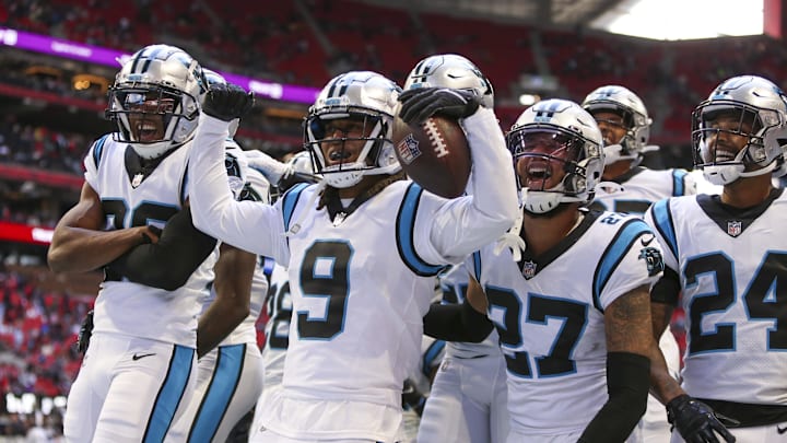 Oct 31, 2021; Atlanta, Georgia, USA; Carolina Panthers cornerback Stephon Gilmore (9) celebrates Oct 31, 2021; Atlanta, Georgia, USA; Carolina Panthers cornerback Stephon Gilmore (9) celebrates