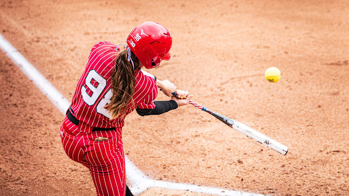 Nebraska softball's Jordy Bahl hits a home run against Washington on April 27, 2025.