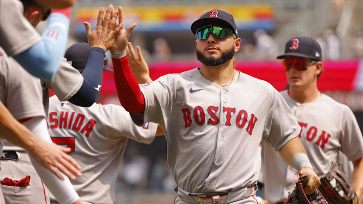 Jul 30, 2025; Minneapolis, Minnesota, USA; Boston Red Sox right fielder Wilyer Abreu (53) celebrates the win over the Minnesota Twins  at Target Field. Mandatory Credit: Bruce Kluckhohn-Imagn Images