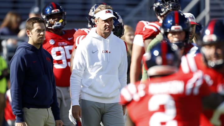 Nov 18, 2023; Oxford, Mississippi, USA; Mississippi Rebels head coach Lane Kiffin watches during