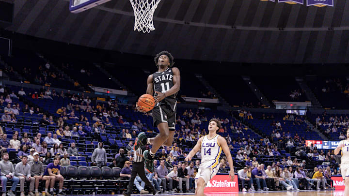Feb 24, 2024; Baton Rouge, Louisiana, USA; Mississippi State Bulldogs guard Trey Fort (11) dunks