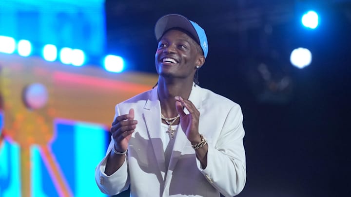 Apr 23, 2026; Pittsburgh, PA, USA; Ohio State Buckeyes receiver Carnell Tate is selected by the Tennessee Titans as the number four pick during the 2026 NFL Draft at Acrisure Stadium. Mandatory Credit: Kirby Lee-Imagn Images