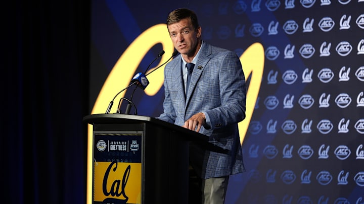 Jul 22, 2025; Charlotte, NC, USA; California head coach Justin Wilcox answers questions from the media during ACC Media Days at Hilton Charlotte Uptown. Mandatory Credit: Jim Dedmon-Imagn Images