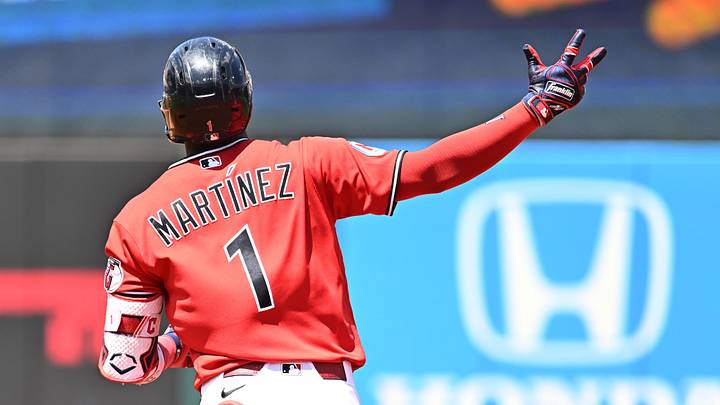 Jun 10, 2026; Cleveland, Ohio, USA; Cleveland Guardians right fielder Angel Martinez (1) rounds the bases after hitting a home run during the first inning against the New York Yankees at Progressive Field. Mandatory Credit: Ken Blaze-Imagn Images