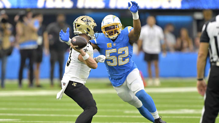 Oct 27, 2024; Inglewood, California, USA;  Los Angeles Chargers linebacker Khalil Mack (52) forces New Orleans Saints quarterback Jake Haener (3) to throw an incomplete pass in the second half at SoFi Stadium. Mandatory Credit: Jayne Kamin-Oncea-Imagn Images