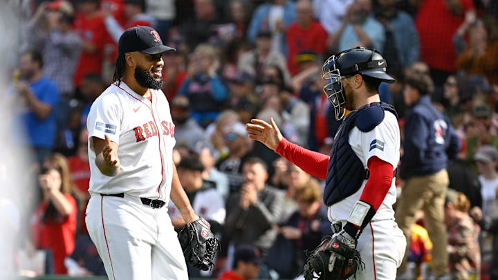 Sep 22, 2024; Boston, Massachusetts, USA;  Boston Red Sox pitcher Kenley Jansen (74) and catcher Danny Jansen (28) celebrate a win against the Minnesota Twins at Fenway Park. Mandatory Credit: Eric Canha-Imagn Images